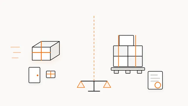 A single wrapped courier parcel beside a house door on one side of a dashed dividing line, and a strapped pallet of stacked boxes with a stamped customs entry on the other, with a balance scale below the line