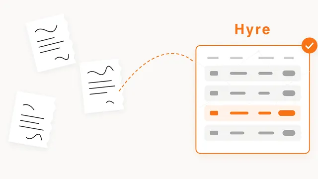 Three torn paper slips of handwritten quotes on the left, and an arrow curving to a single Hyre screen on the right where the same quotes are listed in rows with one picked out in orange