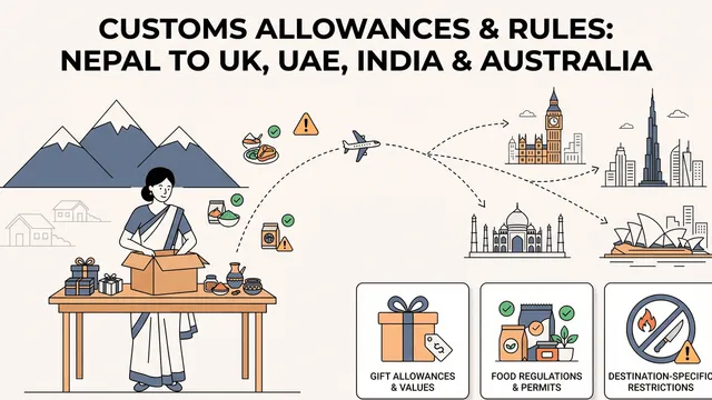 Illustration of a sender in Nepal packing gifts and food into a parcel, with icons for gift allowances, food regulations and destination-specific restrictions, routed to the UK, UAE, India and Australia
