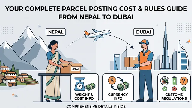 Illustration of a sender in Nepal packing a parcel and a courier delivering it in Dubai, with weight, currency and customs regulation icons, next to the Burj Khalifa and Burj Al Arab skyline