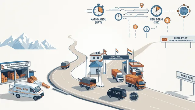 A parcel routed from Nepal to India by road and air, past a border customs checkpoint and a tracking screen