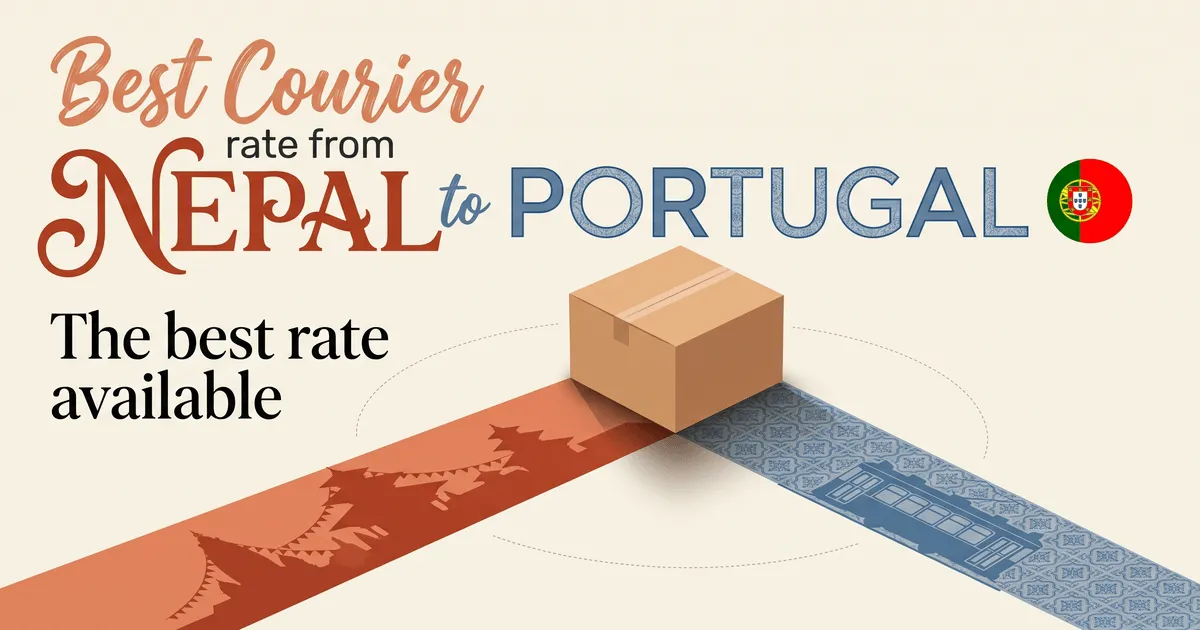 Illustration of a sender in Nepal packing a parcel and a courier delivering it beside tiled hillside houses and a yellow tram in Lisbon