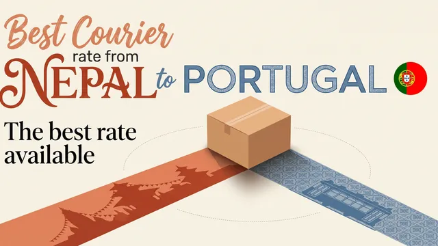 Illustration of a sender in Nepal packing a parcel and a courier delivering it beside tiled hillside houses and a yellow tram in Lisbon