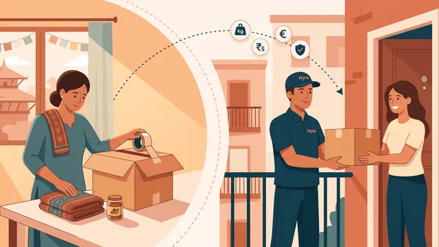 Illustration of a sender in Nepal packing a parcel and a courier delivering it beside Sagrada Familia-style spires in Spain
