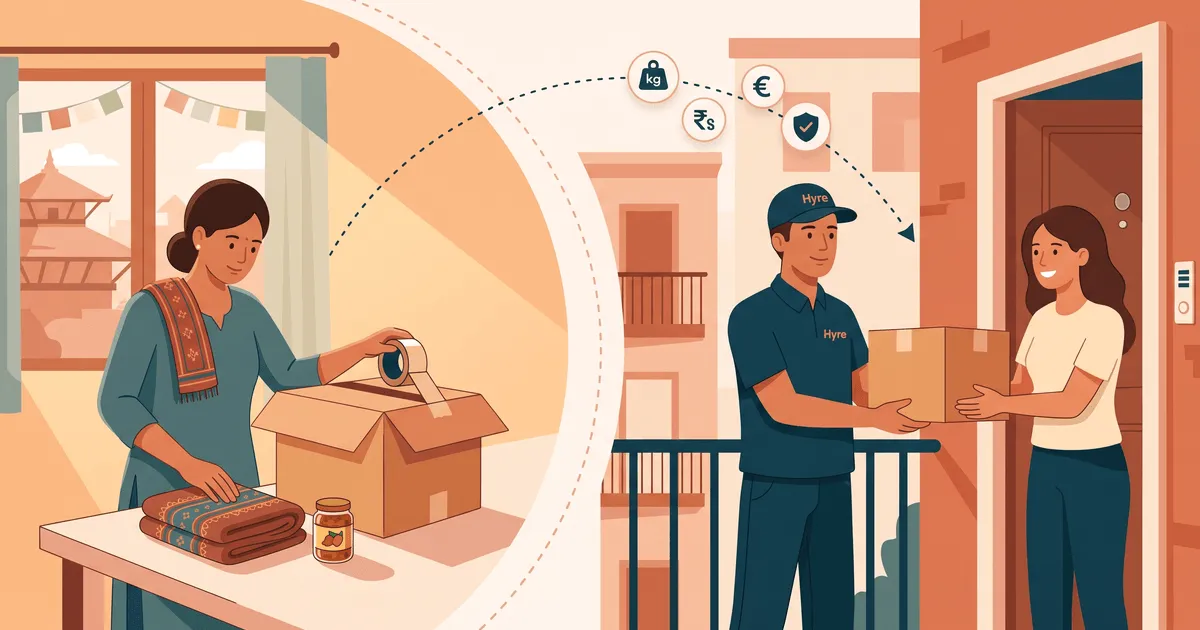 Illustration of a sender in Nepal packing a parcel and a courier delivering it beside Sagrada Familia-style spires in Spain