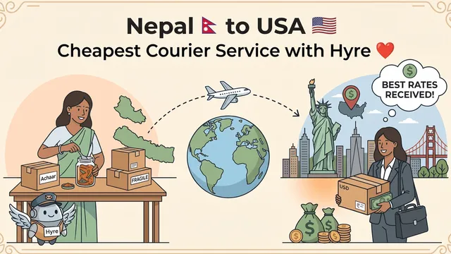 Illustration of a sender in Nepal packing a parcel and a courier delivering it in the United States, with weight, currency and customs regulation icons
