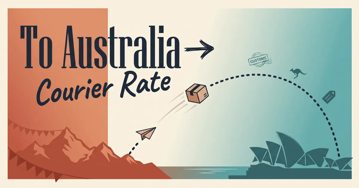 A parcel routed from Kathmandu to Australia, past a customs checkpoint and a tracking screen, arriving at Sydney Harbour