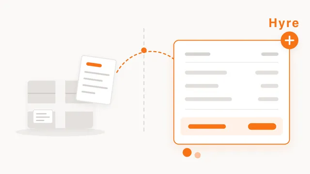 A taped parcel with a customs declaration clipped to it on one side of a dashed border line, and an itemised bill on the other with its total picked out in orange and coins spilling from underneath